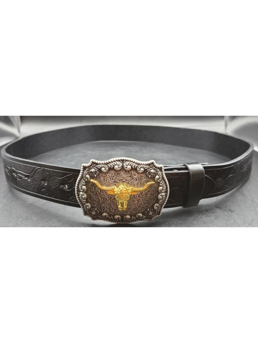 Western Leather Belt Mens 42 Black Floral Engraved Longhorn Buckle 1.25in